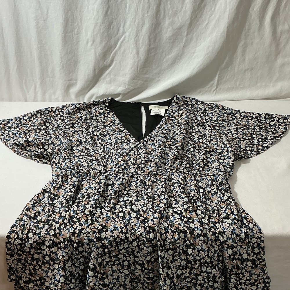 Floral V-Neck Mini Dress in Black with Blue & Cream